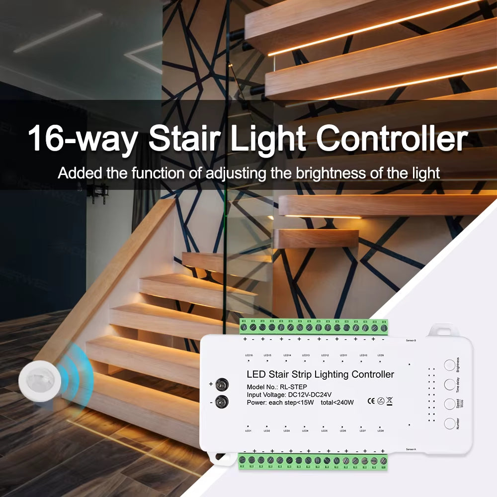 Smart Stair LED Motion Sensor Light Strip 16 Channel Dimming Light Indoor Motion Night Light DC12V COB LED Strip for Stairway
