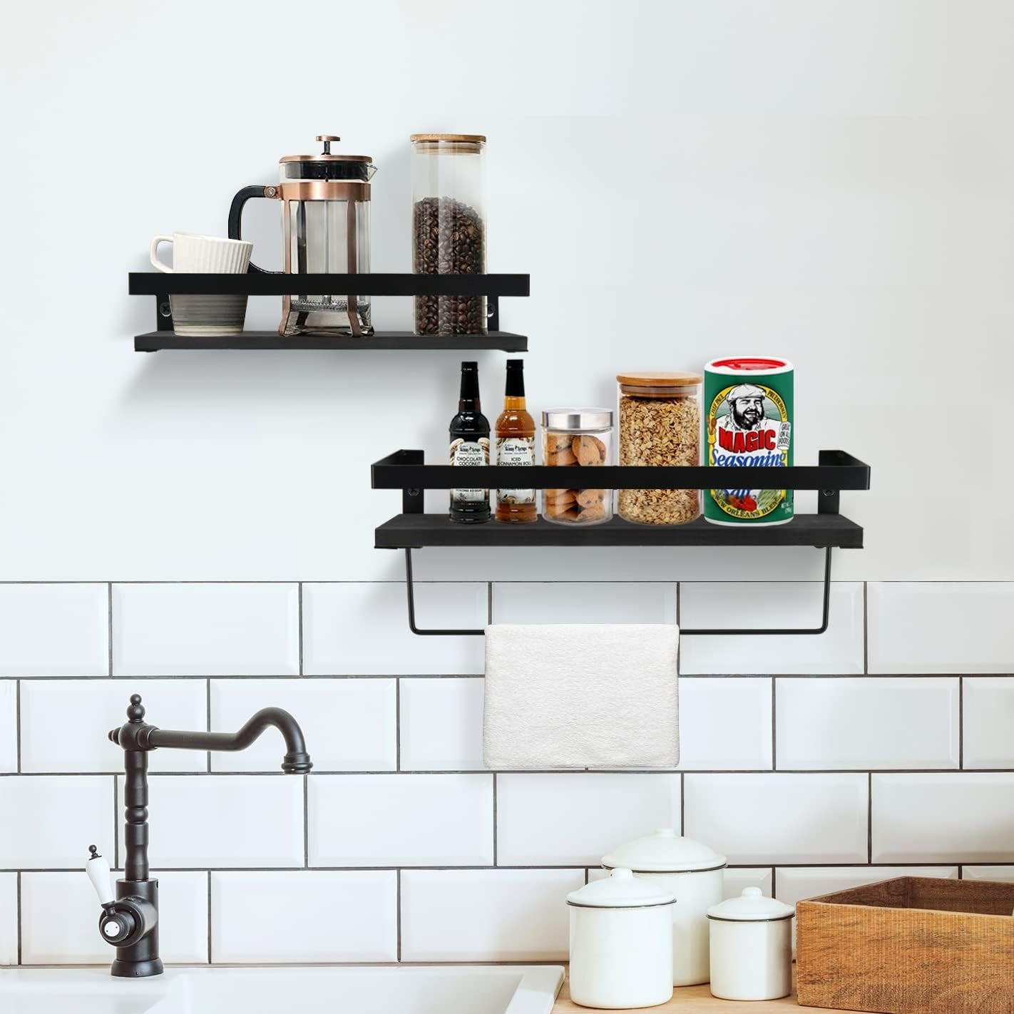 Black Floating Shelves with Towel Rack - Set of 2 Bathroom Shelves Wall Mounted Hanging, Wood Floating Decorative Shelves for Stylish Storage in Bathroom, Kitchen, Living Room & Bedroom