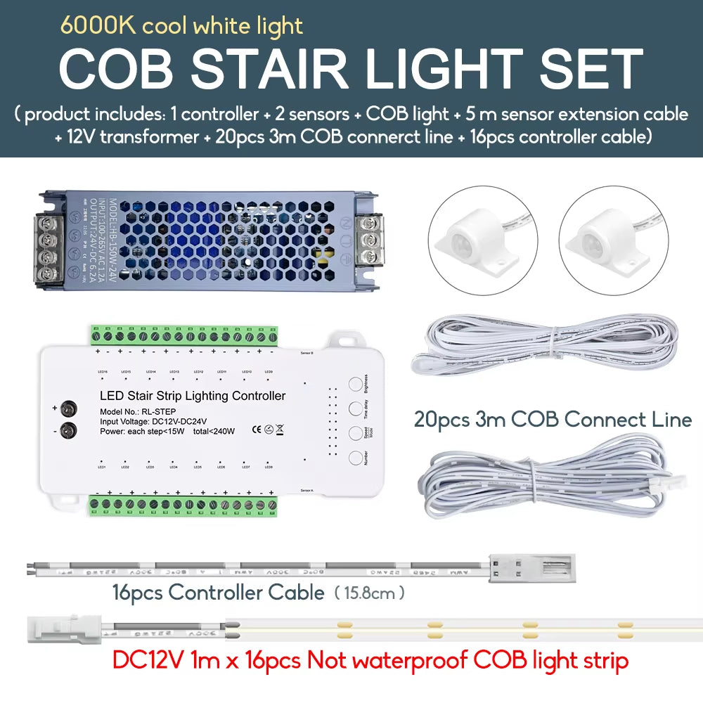 Smart Stair LED Motion Sensor Light Strip 16 Channel Dimming Light Indoor Motion Night Light DC12V COB LED Strip for Stairway