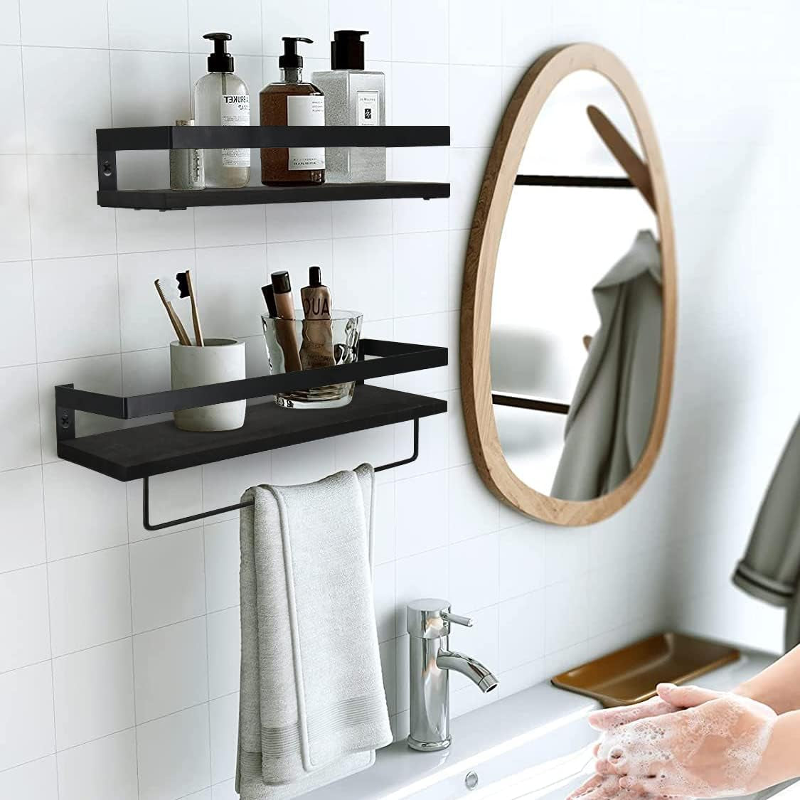 Black Floating Shelves with Towel Rack - Set of 2 Bathroom Shelves Wall Mounted Hanging, Wood Floating Decorative Shelves for Stylish Storage in Bathroom, Kitchen, Living Room & Bedroom