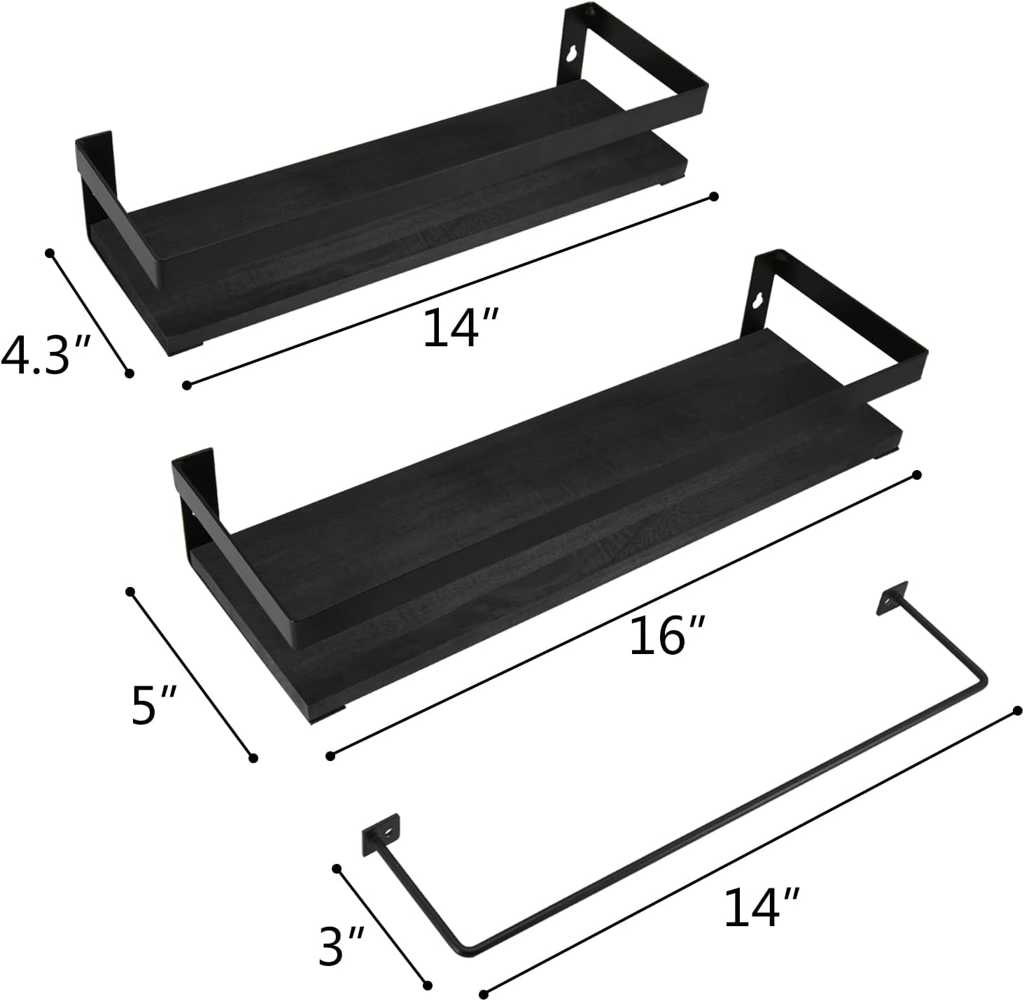 Black Floating Shelves with Towel Rack - Set of 2 Bathroom Shelves Wall Mounted Hanging, Wood Floating Decorative Shelves for Stylish Storage in Bathroom, Kitchen, Living Room & Bedroom