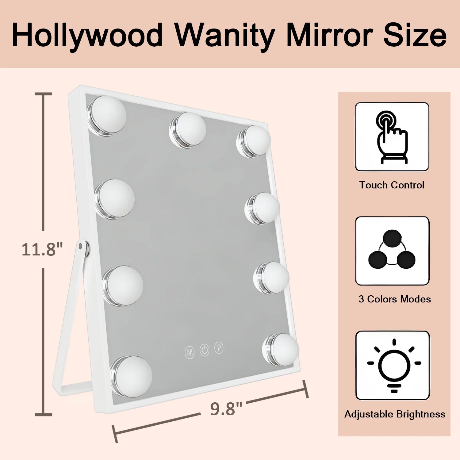9 LED Bulbs Hollywood Vanity Mirror with Lights, Hollywood Makeup Mirror, Small Vanity Lighted Mirror with 3 Color Lighting Modes, Smart Touch Control