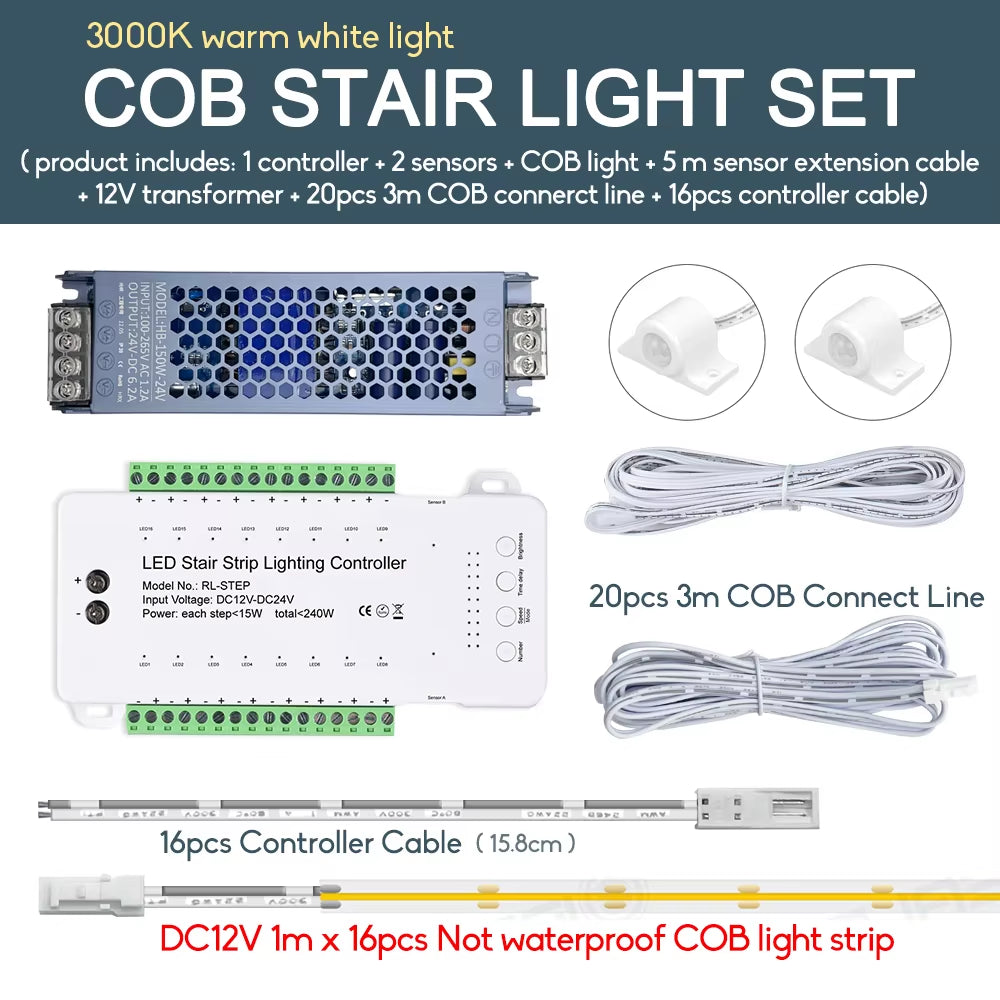 Smart Stair LED Motion Sensor Light Strip 16 Channel Dimming Light Indoor Motion Night Light DC12V COB LED Strip for Stairway
