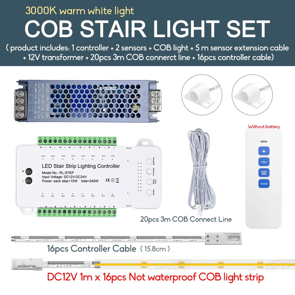 Smart Stair LED Motion Sensor Light Strip 16 Channel Dimming Light Indoor Motion Night Light DC12V COB LED Strip for Stairway
