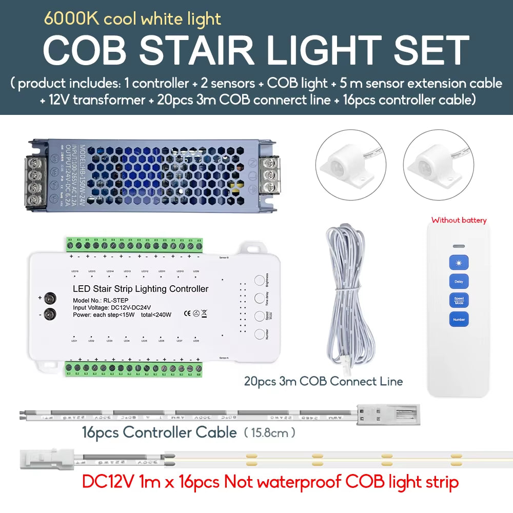 Smart Stair LED Motion Sensor Light Strip 16 Channel Dimming Light Indoor Motion Night Light DC12V COB LED Strip for Stairway