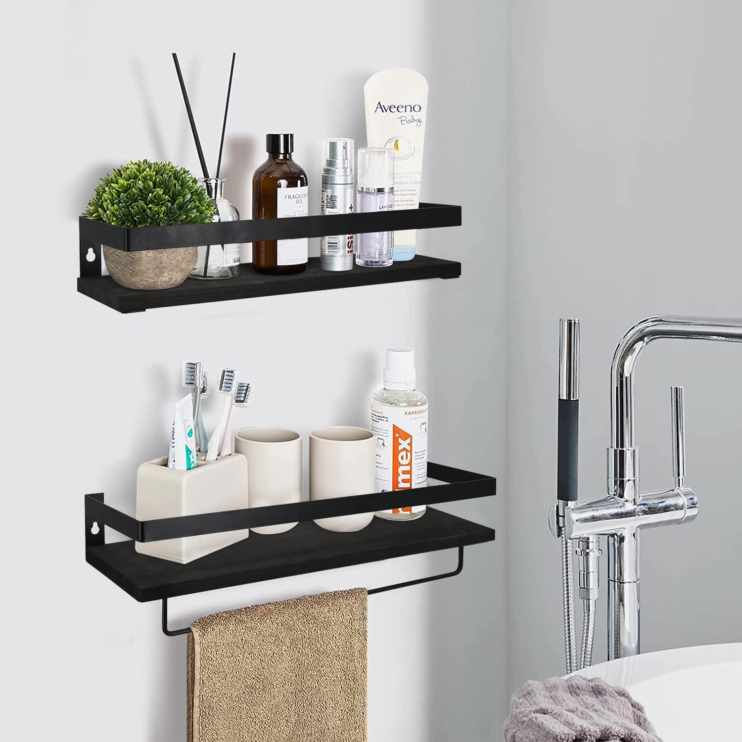 Black Floating Shelves with Towel Rack - Set of 2 Bathroom Shelves Wall Mounted Hanging, Wood Floating Decorative Shelves for Stylish Storage in Bathroom, Kitchen, Living Room & Bedroom